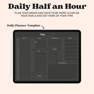 May include: A black and white digital planner template on a tablet screen. The template is designed for daily planning and includes sections for schedule, to-do list, goals, and notes. The text "Today" is at the top of the template.