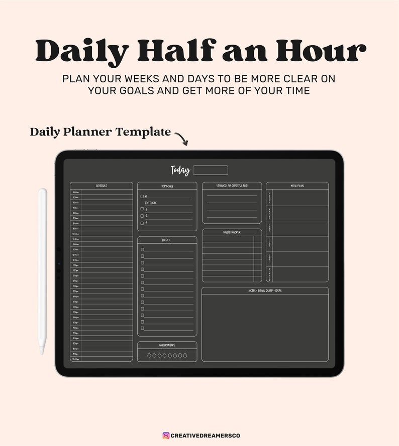 May include: A black and white digital planner template on a tablet screen. The template is designed for daily planning and includes sections for schedule, to-do list, goals, and notes. The text "Today" is at the top of the template.