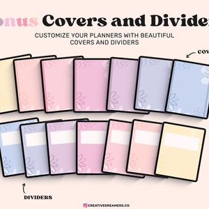 May include: A set of printable planner covers and dividers featuring a floral design in pastel colors. The covers and dividers are designed to be used with digital planners.