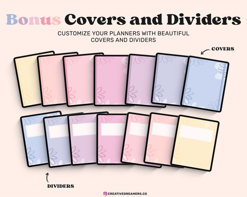 May include: A set of printable planner covers and dividers featuring a floral design in pastel colors. The covers and dividers are designed to be used with digital planners.