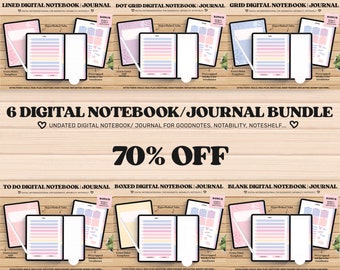 May include: A digital notebook and journal bundle with six different styles: lined, dot grid, grid, to do, boxed, and blank. The bundle is 70% off and includes bonus hyperlinked tabs, extra note templates, and pre-cropped stickers for Goodnotes, Notability, and Noteshelf.