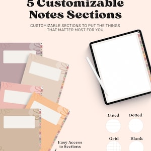 May include: Five customizable note sections with different page styles: lined, dotted, grid, and blank. Each section has a colorful floral design and a tab for easy access. The text reads "5 Customizable Notes Sections" and "Customizable sections to put the things that matter most for you".