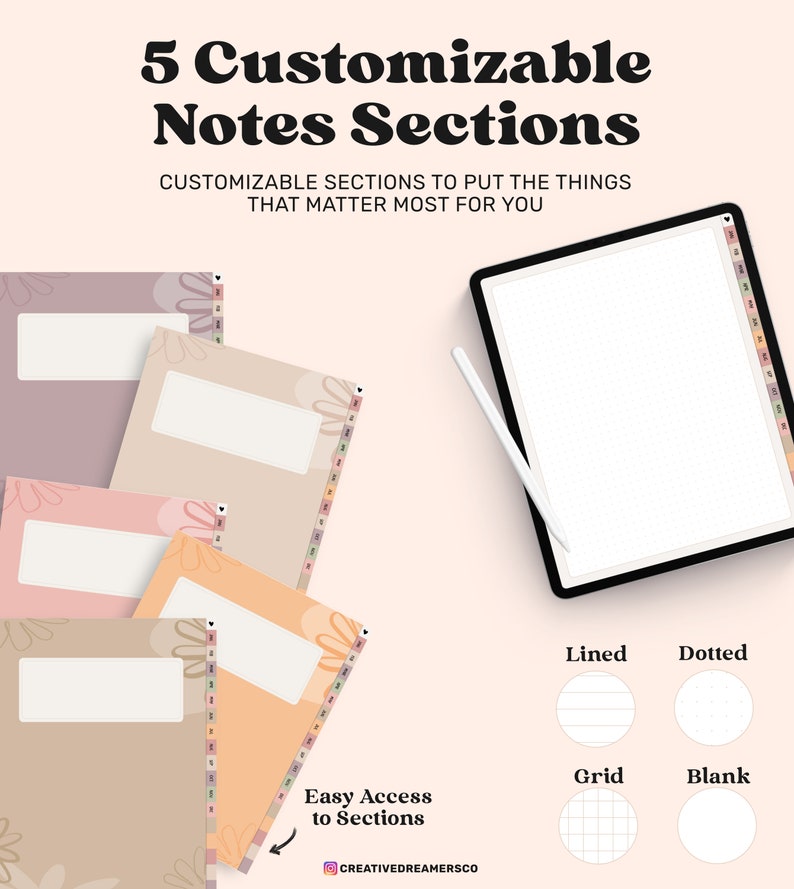 May include: Five customizable note sections with different page styles: lined, dotted, grid, and blank. Each section has a colorful floral design and a tab for easy access. The text reads "5 Customizable Notes Sections" and "Customizable sections to put the things that matter most for you".
