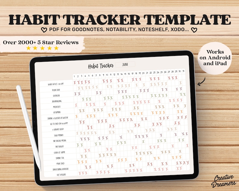 May include: A digital tablet displaying a habit tracker template for June. The template is designed for use with note-taking apps like Goodnotes, Notability, Noteshelf, and Xodo. The template features a grid with various habits listed on the left side and days of the month across the top. Each day has a box to check off for each habit. The template is designed in a minimalist style with a light background and pastel colors.