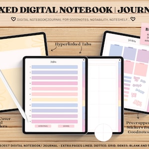 Könnte beinhalten: Ein digitales Notizbuch und Journal für Goodnotes, Notability und Noteshelf. Das Notizbuch hat einen gelben Einband mit einem Blumenmuster. Das Journal hat ein rosa-blaues Inhaltsverzeichnis mit Hyperlink-Tabs. Das Bild enthält auch vorgefertigte Sticker für Goodnotes.