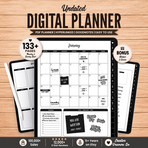 May include: An undated digital planner displayed on tablet screens featuring a monthly calendar view for January, weekly layouts, and a notes section. The interface includes hyperlinked tabs, 133+ pages, and bonus stickers. Text includes "Undated DIGITAL PLANNER", "133+ PAGES", and "BONUS Stickers & Cover".