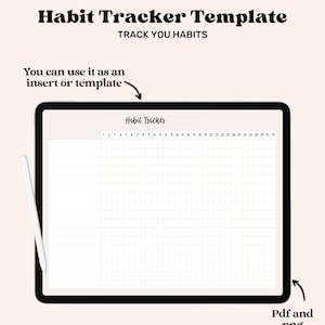 May include: A digital tablet displaying a blank habit tracker template with a grid layout and numbered days of the month. The text "Habit Tracker" is at the top of the template. The text "Track You Habits" is above the template. The text "You can use it as an insert or template" is above the tablet. The text "Pdf and png" is below the tablet. The text "CREATIVEDREAMERSCO" is below the tablet.