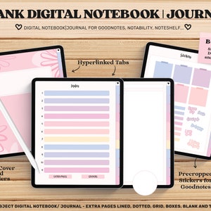 May include: A digital notebook and journal with 11 subjects, including extra pages, lined, dotted, grid, boxes, blank, and to-do pages. The notebook has a pink and white floral cover with hyperlinked tabs. It also includes precropped stickers for Goodnotes, and bonus stickers, dividers, and covers.