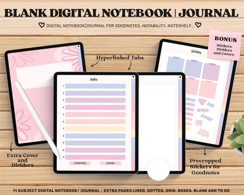 May include: A digital notebook and journal with 11 subjects, including extra pages, lined, dotted, grid, boxes, blank, and to-do pages. The notebook has a pink and white floral cover with hyperlinked tabs. It also includes precropped stickers for Goodnotes, and bonus stickers, dividers, and covers.