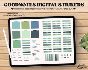 May include: A digital planner sticker set for Goodnotes, featuring a variety of green, blue and white stickers with text such as "To Do", "Notes", "Important", "Work", "Personal", "Today", "January", "February", "March", "April", "May", "June", "July", "August", "September", "October", "November", "December", "Dream Big", "Smile", "Great Job", "Be Happy", "I Can Do It", "I Believe In Myself".