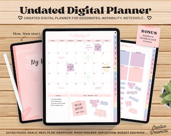 May include: A digital planner on a tablet with a pink and white design. The planner is undated and includes a monthly calendar, notes section, and stickers. The text "Undated Digital Planner" is at the top of the image. The text "Mon/Sun start" is in the top left corner. The text "January" is in the top center of the image. The text "BONUS Stickers, Dividers and Covers" is in the top right corner. The text "EXTRA PAGES: GOALS, MEAL PLAN, GRATITUDE, MOOD TRACKER, REFLECTION, BUDGET AND MORE..." is at the bottom of the image.