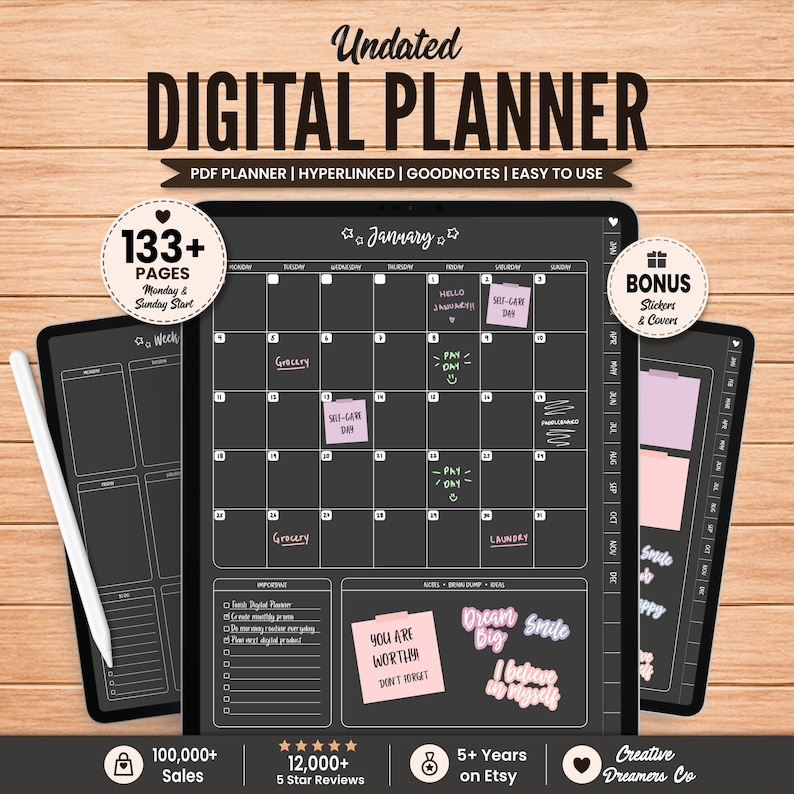 Digital Planner Goodnotes, Dark Digital Planner, Undated Digital Planner, Digital iPad Planner, Notability Planner, Goodnotes Planner image 1