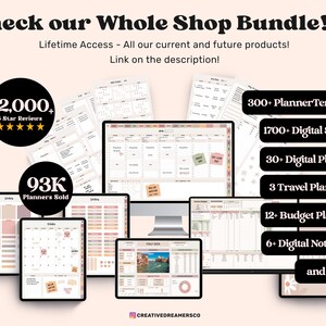 May include: A digital planner bundle with over 12,000 five-star reviews and 93,000 planners sold. The bundle includes 300+ planner templates, 1700+ digital stickers, 30+ digital planners, 3 travel planners, 12+ budget planners, 6+ digital notebooks, and more.
