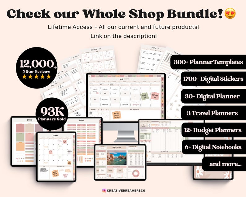 May include: A digital planner bundle with over 12,000 five-star reviews and 93,000 planners sold. The bundle includes 300+ planner templates, 1700+ digital stickers, 30+ digital planners, 3 travel planners, 12+ budget planners, 6+ digital notebooks, and more.