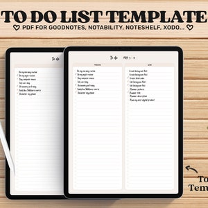 May include: A digital to-do list template displayed on two tablet screens. The template is designed for note-taking apps like Goodnotes, Notability, Noteshelf, and Xodo. The template includes sections for "To do", "Personal", "Mail", and "Work".