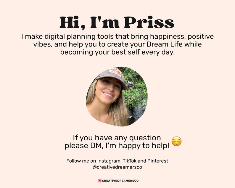 May include: A digital graphic featuring the text Hi, I'm Priss, followed by a description of digital planning tools. A circular photograph shows a smiling individual wearing a baseball cap. Includes contact information and social media handles.