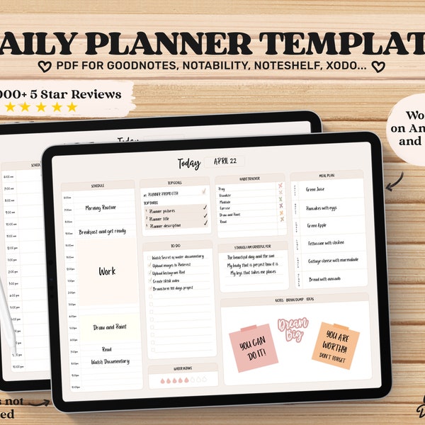 Daily Planner Goodnotes Template, Undated, Digital Planner pdf,  Hourly Planner, iPad Planner, 2023 2024 Notability Planner, Journal page