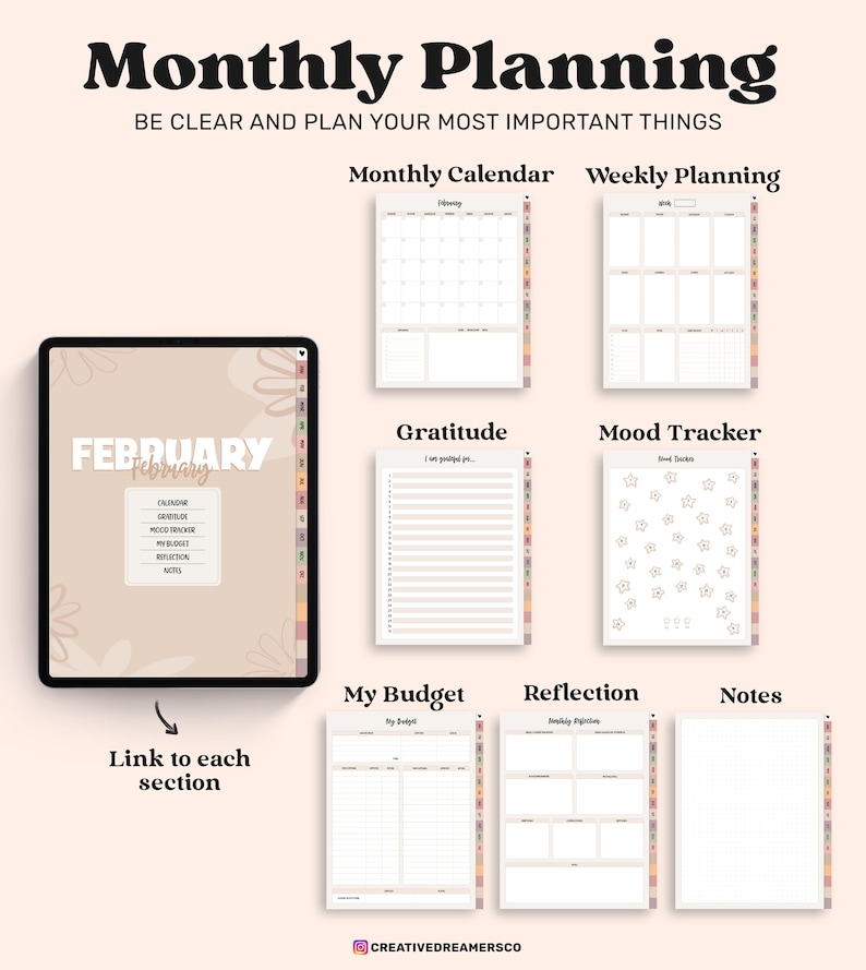 Undated Goodnotes Planner, Monthly Digital Planner, Goodnotes Template, iPad Planner, Digital Journal Pdf, Goodnotes Stickers Boho, Simple image 3