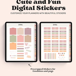 May include: Two digital tablets displaying pages of colorful digital stickers in muted tones. The stickers include square notes, checklists, stars, hearts, and text labels like "To Do," "Work," and "Personal." The interface features monthly tabs.