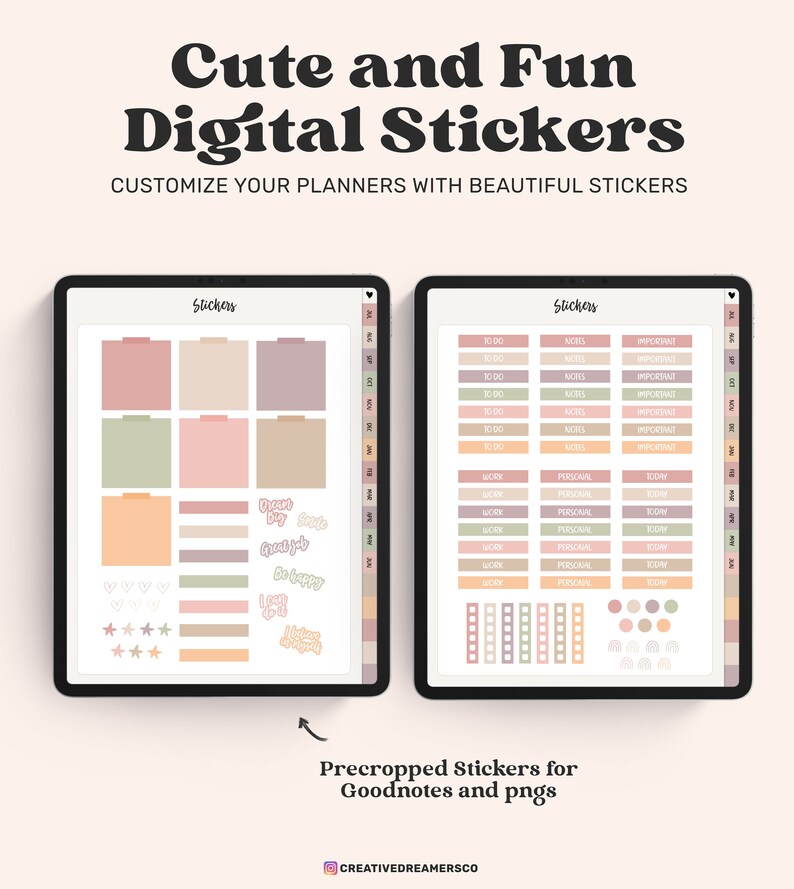 May include: Two digital tablets displaying pages of colorful digital stickers in muted tones. The stickers include square notes, checklists, stars, hearts, and text labels like "To Do," "Work," and "Personal." The interface features monthly tabs.