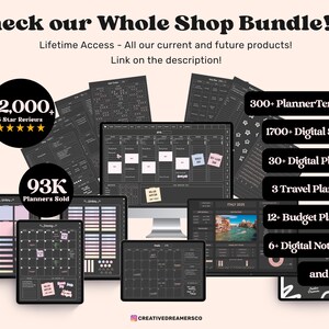 May include: A digital product bundle display featuring dark-themed planner templates, digital stickers, and notebooks on screens. Text includes Check our Whole Shop Bundle, 12,000+ 5 Star Reviews, 93K Planners Sold, 300+ PlannerTemplates, and 1700+ Digital Stickers.