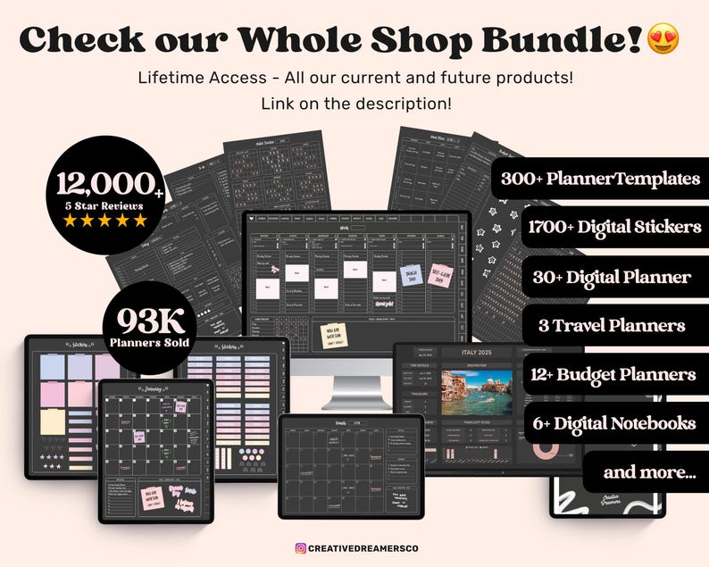 May include: A digital product bundle display featuring dark-themed planner templates, digital stickers, and notebooks on screens. Text includes Check our Whole Shop Bundle, 12,000+ 5 Star Reviews, 93K Planners Sold, 300+ PlannerTemplates, and 1700+ Digital Stickers.