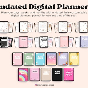 Op de afbeelding: Een verzameling digitale planner-kaften met verschillende ontwerpen en kleuren. De kaften bevatten ontwerpen met de tekst "Make Magic", "Love is Love" en "My Planner".
