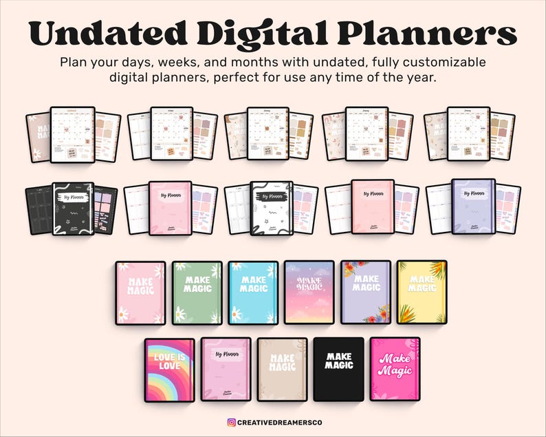 Op de afbeelding: Een verzameling digitale planner-kaften met verschillende ontwerpen en kleuren. De kaften bevatten ontwerpen met de tekst "Make Magic", "Love is Love" en "My Planner".