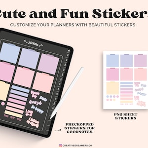 May include: A digital planner with pastel-colored stickers, including squares, rectangles, and circles. The text "Cute and Fun Stickers" and "Customize your planners with beautiful stickers" is displayed. A white stylus and a sheet of PNG stickers are also visible.