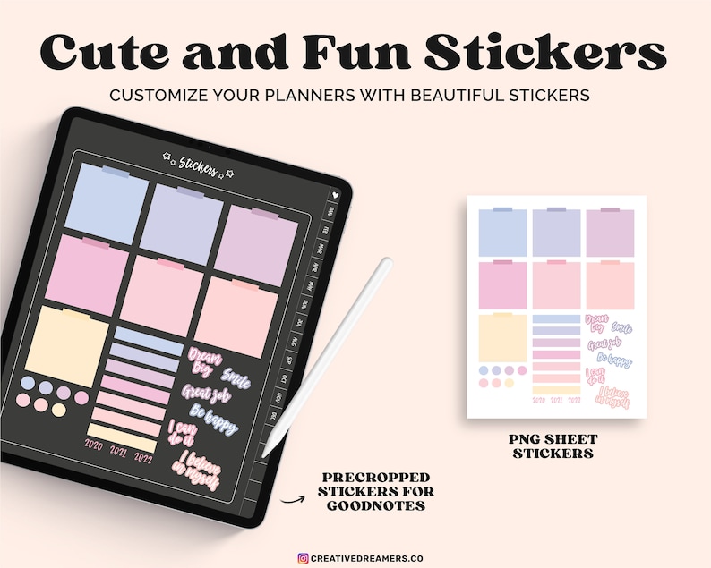 May include: A digital planner with pastel-colored stickers, including squares, rectangles, and circles. The text "Cute and Fun Stickers" and "Customize your planners with beautiful stickers" is displayed. A white stylus and a sheet of PNG stickers are also visible.