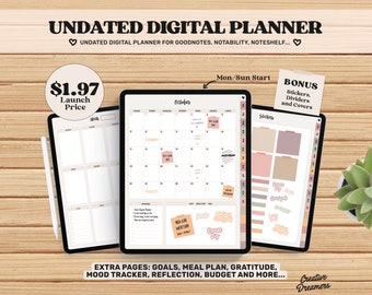 Undated Goodnotes Planner, Monthly Digital Planner, Goodnotes Template, iPad Planner, Digital Journal Pdf, Goodnotes Stickers Boho, Simple