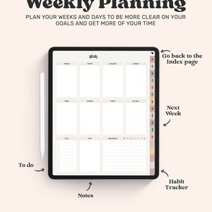 May include: A digital tablet displaying a weekly planner template with a white stylus. The screen features sections for Monday through Sunday, a to-do list, notes, and a habit tracker. A sidebar with monthly tabs is visible on the right side.