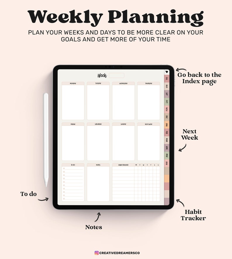 May include: A digital tablet displaying a weekly planner template with a white stylus. The screen features sections for Monday through Sunday, a to-do list, notes, and a habit tracker. A sidebar with monthly tabs is visible on the right side.