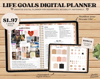 Digital Life Planner, Manifestation Journal, Goal Planner Undated, Vision Board Template, Goodnotes Stickers, Affirmations Digital Journal
