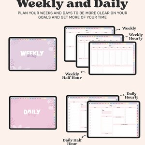 Puede incluir: Cuatro plantillas de planificador digital para la planificaci&oacute;n semanal y diaria. Las plantillas se muestran sobre un fondo rosa con acentos florales. El texto "Semanal y Diario" est&aacute; en la parte superior de la imagen. El texto "Planifica tus semanas y d&iacute;as para tener m&aacute;s claridad sobre tus objetivos y obtener m&aacute;s tiempo" est&aacute; debajo del t&iacute;tulo. El texto "Semanal" est&aacute; en la esquina superior derecha de la imagen. El texto "Semanal por hora" est&aacute; debajo del texto "Semanal". El texto "Semanal media hora" est&aacute; en el centro de la imagen. El texto "Diario por hora" est&aacute; en la esquina inferior derecha de la imagen. El texto "Diario media hora" est&aacute; en el centro inferior de la imagen. El texto "CREATIVEDREAMERSCO" est&aacute; en la esquina inferior derecha de la imagen.