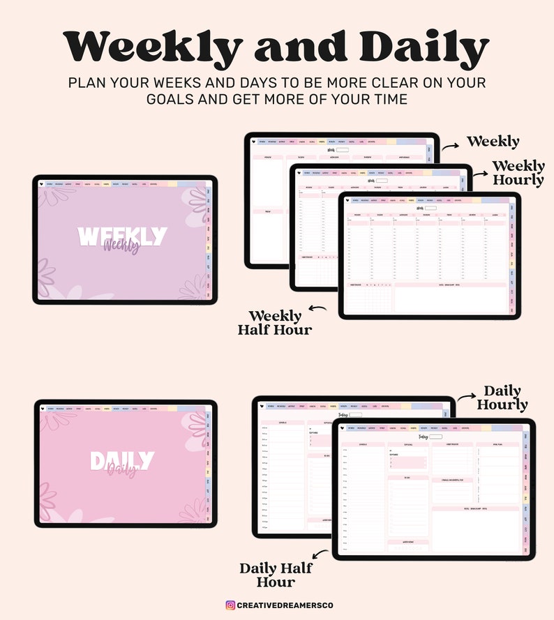 Puede incluir: Cuatro plantillas de planificador digital para la planificaci&oacute;n semanal y diaria. Las plantillas se muestran sobre un fondo rosa con acentos florales. El texto "Semanal y Diario" est&aacute; en la parte superior de la imagen. El texto "Planifica tus semanas y d&iacute;as para tener m&aacute;s claridad sobre tus objetivos y obtener m&aacute;s tiempo" est&aacute; debajo del t&iacute;tulo. El texto "Semanal" est&aacute; en la esquina superior derecha de la imagen. El texto "Semanal por hora" est&aacute; debajo del texto "Semanal". El texto "Semanal media hora" est&aacute; en el centro de la imagen. El texto "Diario por hora" est&aacute; en la esquina inferior derecha de la imagen. El texto "Diario media hora" est&aacute; en el centro inferior de la imagen. El texto "CREATIVEDREAMERSCO" est&aacute; en la esquina inferior derecha de la imagen.