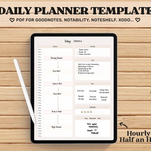 May include: A digital daily planner template displayed on a tablet computer. The planner is divided into hourly sections and includes sections for morning routine, focus work, lunch and rest, focus work, down time, and night routine. The planner also includes a section for to-do list, notes, and a motivational quote: "You are worthy! Don't forget."