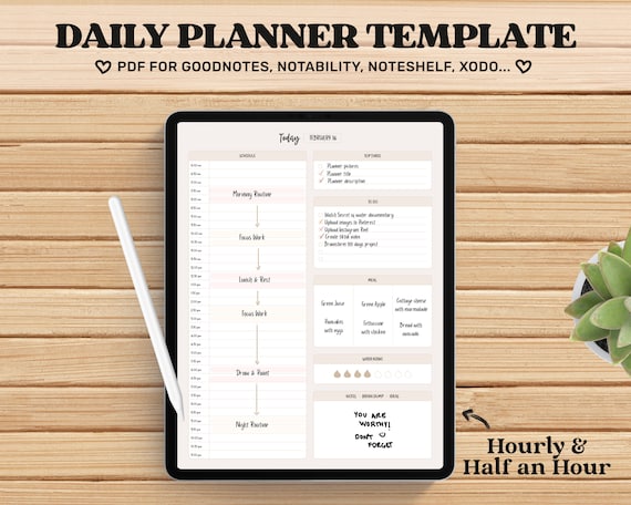 Daily Planner Goodnotes Template, Undated, Digital Planner pdf, Cute Planner, Notability, Noteshelf, Digital Journal iPad, Hourly Planner