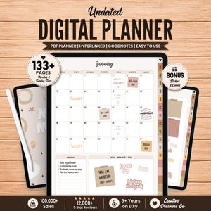 May include: An undated digital planner displayed on tablet screens with a monthly calendar view for January, featuring hyperlinked tabs, a stylus, and bonus stickers. The interface includes sections for notes, important tasks, and motivational text.