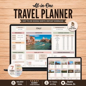 May include: An all-in-one travel planner digital template for Google Sheets and Excel displayed on a laptop and tablet screen. The interface features sections for trip details, expenses, budget overview, tasks, and destination photos of Italy.