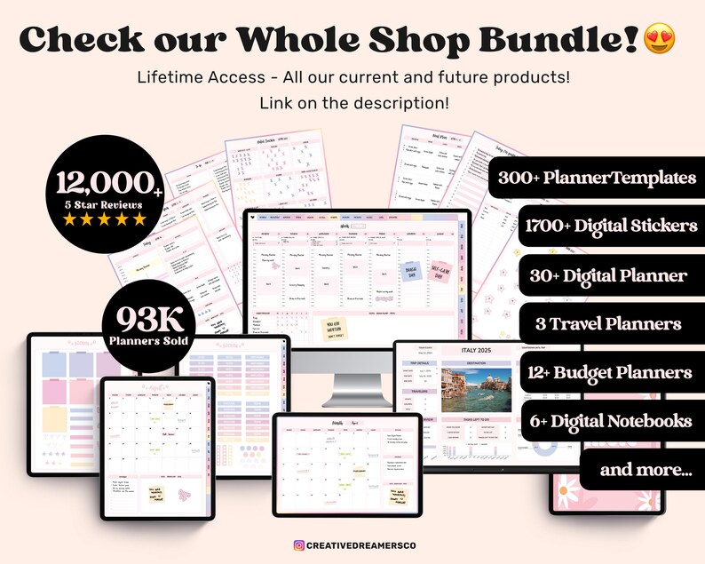May include: A digital planner bundle with over 12,000 five-star reviews and 93,000 planners sold. The bundle includes 300+ planner templates, 1700+ digital stickers, 30+ digital planners, 3 travel planners, 12+ budget planners, 6+ digital notebooks, and more. The image shows a variety of digital planners on different devices, including a laptop, tablet, and phone.