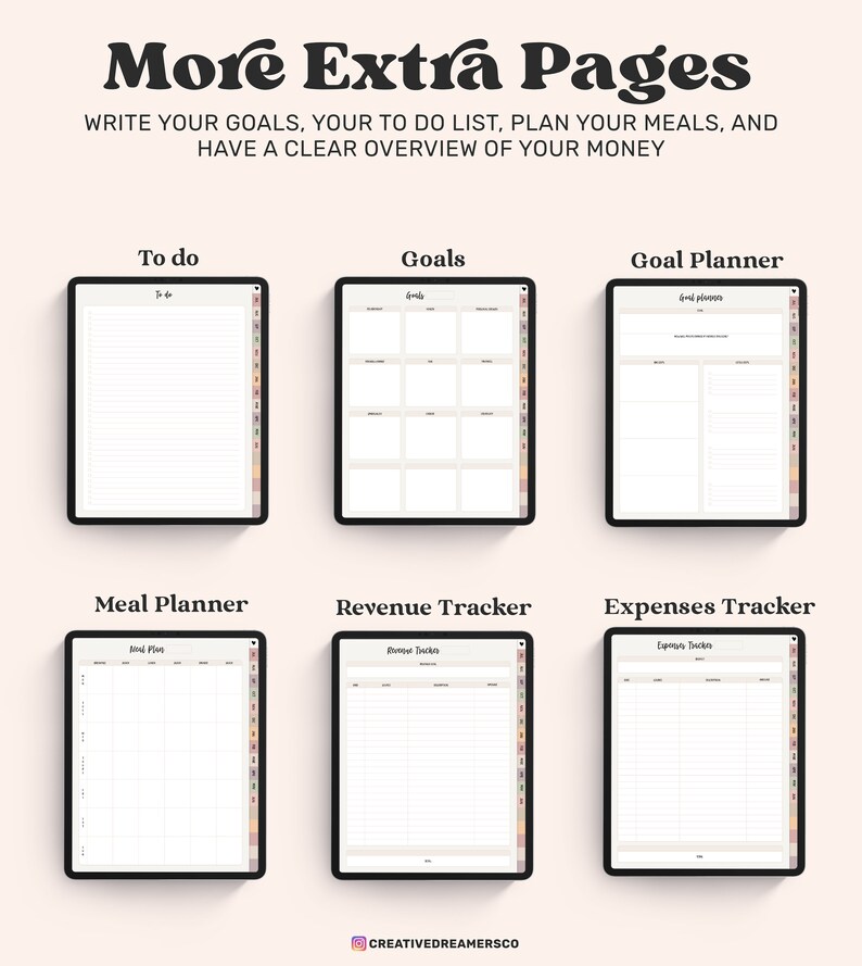 May include: Six digital tablet screens displaying planner templates with the text More Extra Pages, To do, Goals, Goal Planner, Meal Planner, Revenue Tracker, and Expenses Tracker. Each template features organized grids, lines, and tabs for planning.