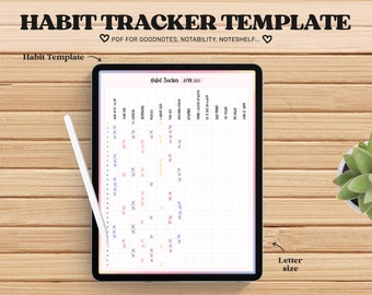 Op de afbeelding: Een digitale tablet met een habit tracker-sjabloon voor april 2021. Het sjabloon is een raster met kolommen voor elke dag van de maand en rijen voor verschillende gewoontes. Het sjabloon is ontworpen voor gebruik met notitie-apps zoals Goodnotes, Notability en Noteshelf.
