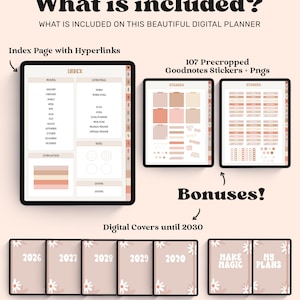 May include: A digital planner set featuring an index page with hyperlinks, 107 precropped Goodnotes stickers and PNGs, and digital covers labeled 2026 through 2030, plus covers reading Make Magic and My Plans, all in a neutral beige and pink color palette.