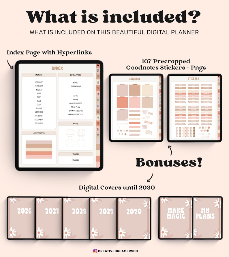 May include: A digital planner set featuring an index page with hyperlinks, 107 precropped Goodnotes stickers and PNGs, and digital covers labeled 2026 through 2030, plus covers reading Make Magic and My Plans, all in a neutral beige and pink color palette.
