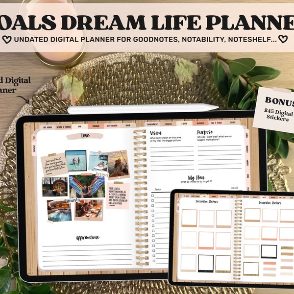 Digital Life Planner Goodnotes, Goal Planner, Vision Board, Digital Stickers, Boho Undated iPad Planner, 2024 2025, Digital Journal Template