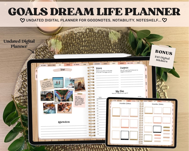 Digital Life Planner Goodnotes, Goal Planner, Vision Board, Digital Stickers, Boho Undated iPad Planner 2026, Digital Journal Template image 1