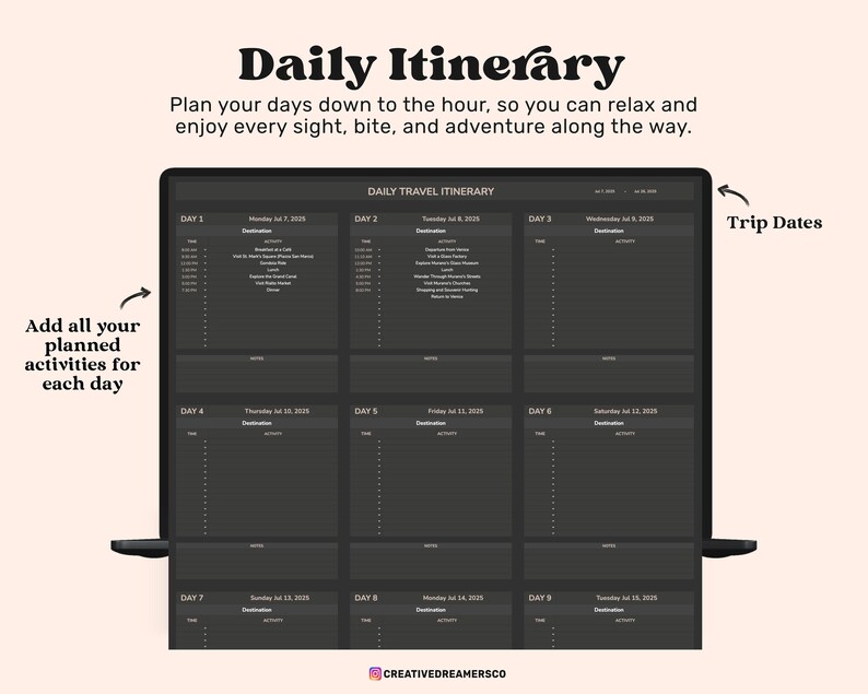 May include: A digital daily itinerary planner template displayed on a screen. The dark-themed layout features columns for nine days, including sections for time, destination, activity, and notes. Text includes Daily Itinerary, Trip Dates, and Add all your planned activities for each day.
