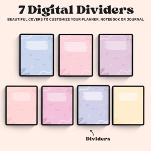 May include: Seven digital dividers for planners, notebooks, or journals. The dividers feature a variety of pastel colors and abstract designs, including stars, wavy lines, and scribbles.