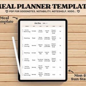 May include: A digital meal planner template on a tablet, with the text "MEAL PLANNER TEMPLATE" at the top. The planner is laid out with columns for each meal and rows for each day of the week. A stylus rests on the tablet.